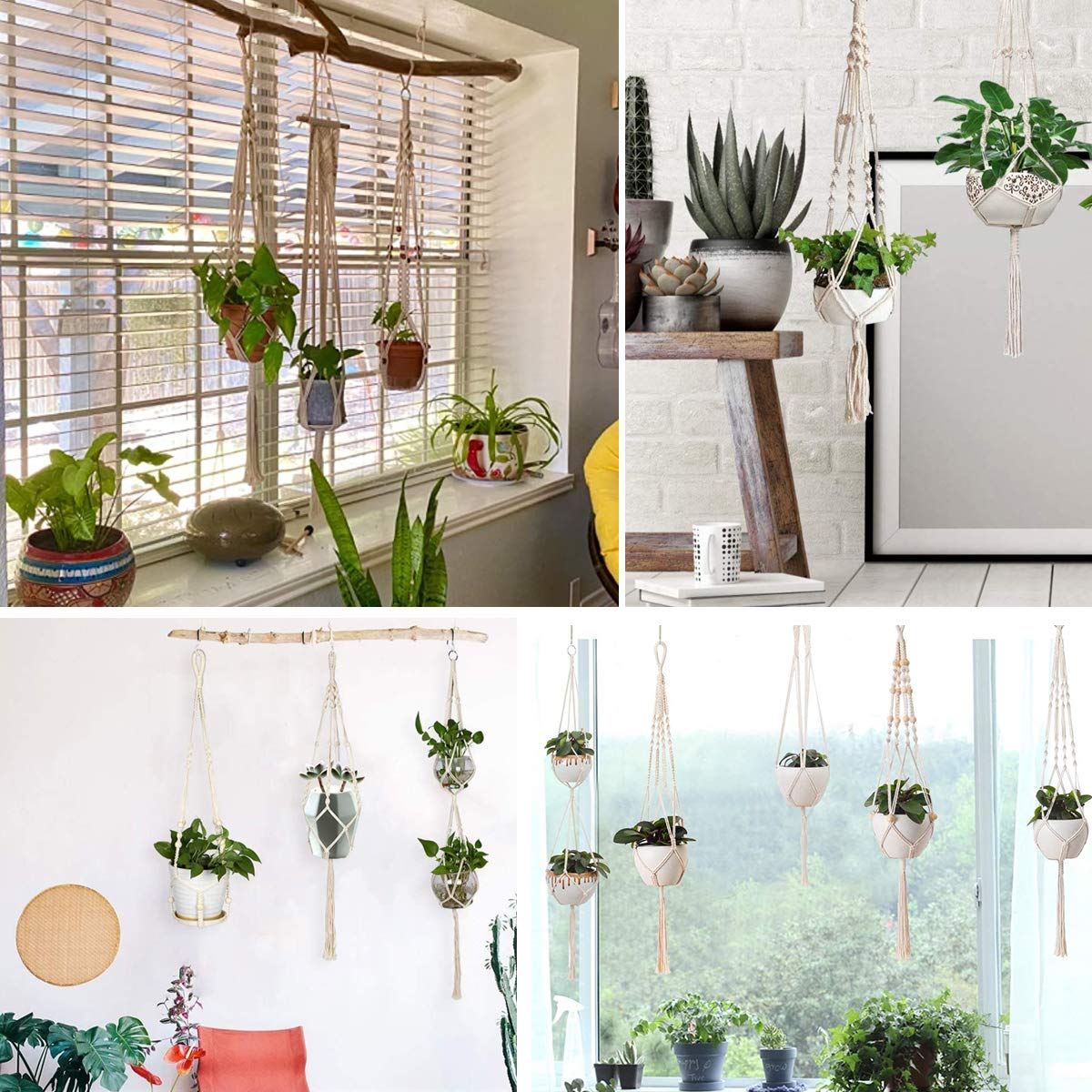 Lynkaye Macrame Plant Hangers Handmade Cotton Rope Flower Pot Holder Boho Theme Indoor Outdoor - Pack of 5 with Ceiling Hooks