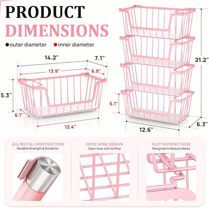 SUNALLY Stackable Storage Bins 6 Pcs Wire Baskets for Pantry Organizers and Storage, Vegetable Fruit Storage Basket for Countertop Organizer,Kitchen Storage Baskets for Onion Potato Snack,Pink