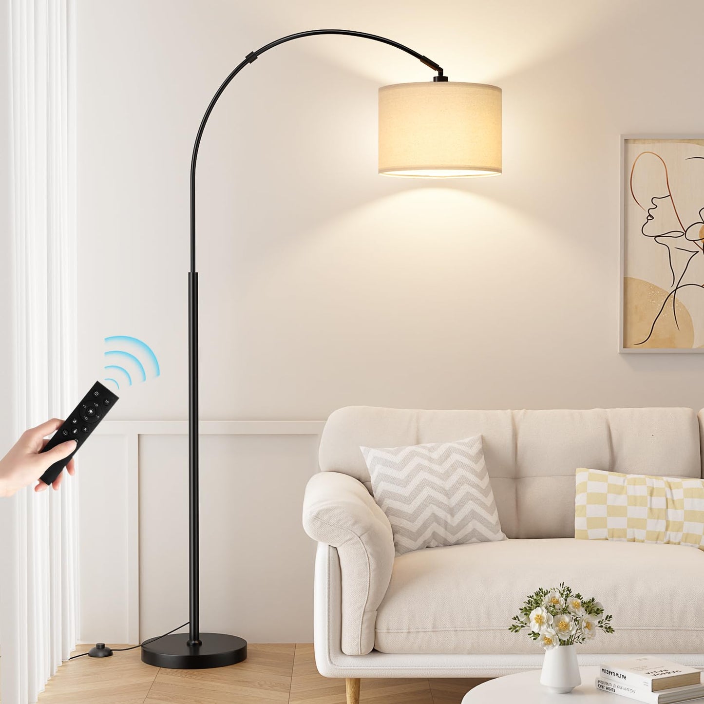 Ambimall 70 Dimmable Arc Floor Lamp with Remote, Color Temperatures and Brightness Adjustable, Arched Floor Lamp with Rotating Head, Over Couch Arched Light for Living Room (Deep Beige and Black)