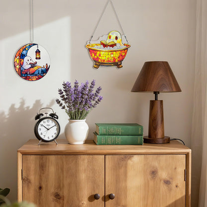 Ghost Reading Ornament Acrylic Suncatcher Window Hanging Wall Decor for Indoor Outdoor Doors Home