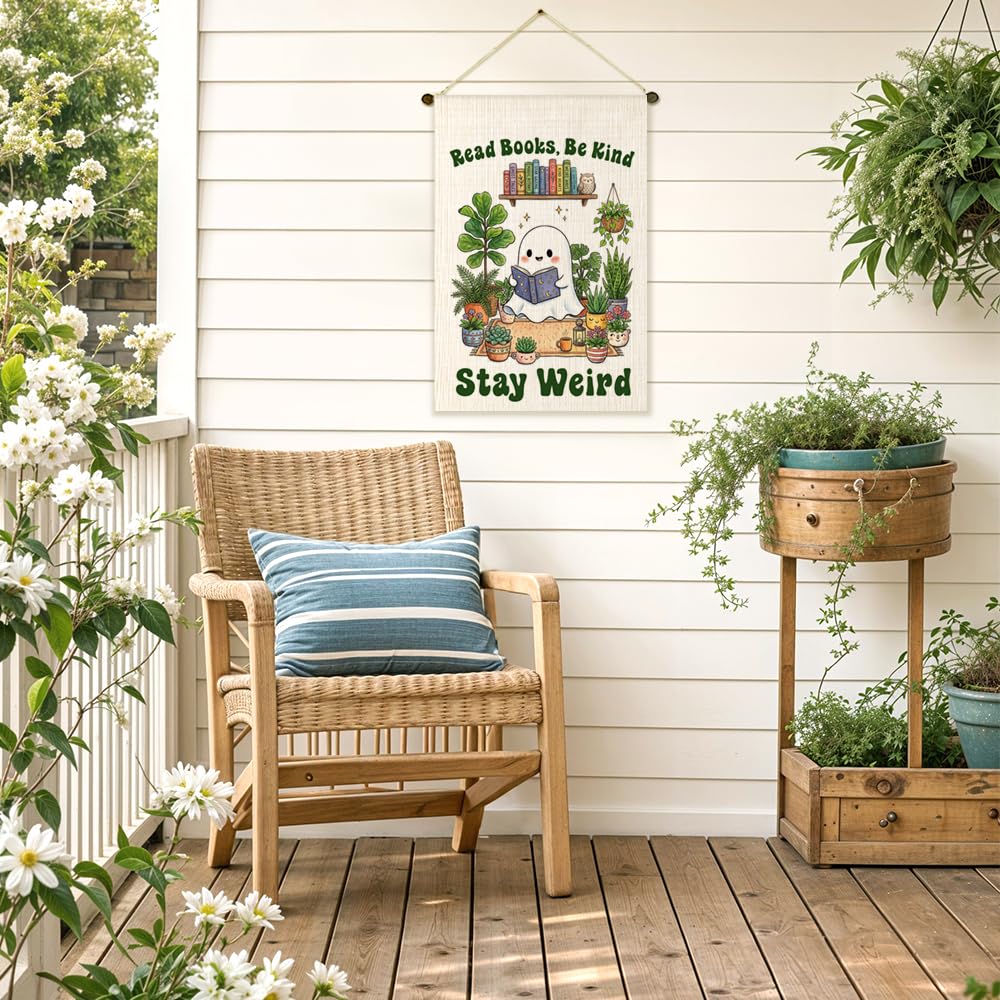 JQYCJTR Read Books Be Kind Stay Weird Garden Flag Double Sided Yard Outdoor Decoration 12x18 Inch, Reading Cute Ghost Outdoor Yard Garden Flag, Plant Lover Home Decor Banner, Gifts for Book Lovers