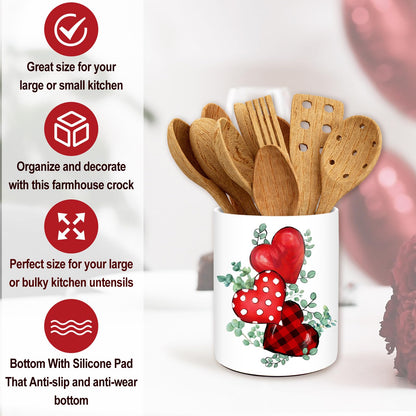 JarThenaAMCS Valentine's Day Ceramic Utensil Holder Green Leaves Red Heart Utensil Crock for Wedding Home Kitchen Countertop Storage Organizer Container