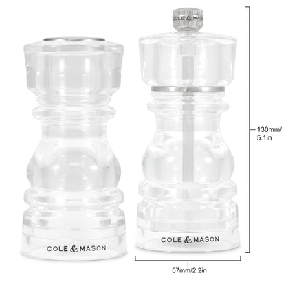 Cole & Mason London Acrylic Shaker Gift Set - Refillable Salt & Pepper Grinder with Adjustable Grinding Mechanism - Acrylic, 5" Salt & Pepper Gift Set
