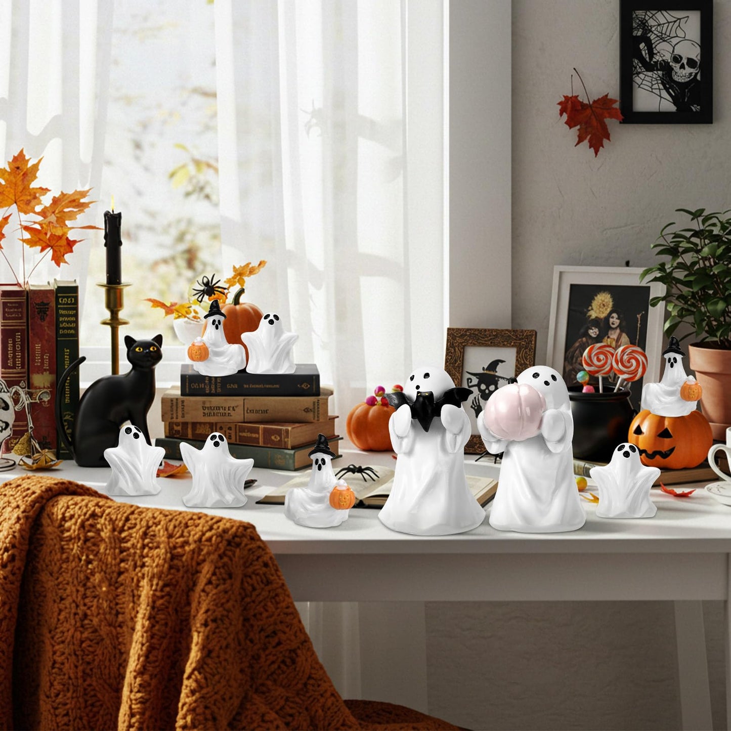 Threehoney 8 Pcs Halloween Ghost Figurine Resin Ghost Sculpture Statue Cute Halloween Decorations Spooky Tiered Tray Decor for Indoor Home Table Centerpieces Party Kitchen Tabletop Shelf