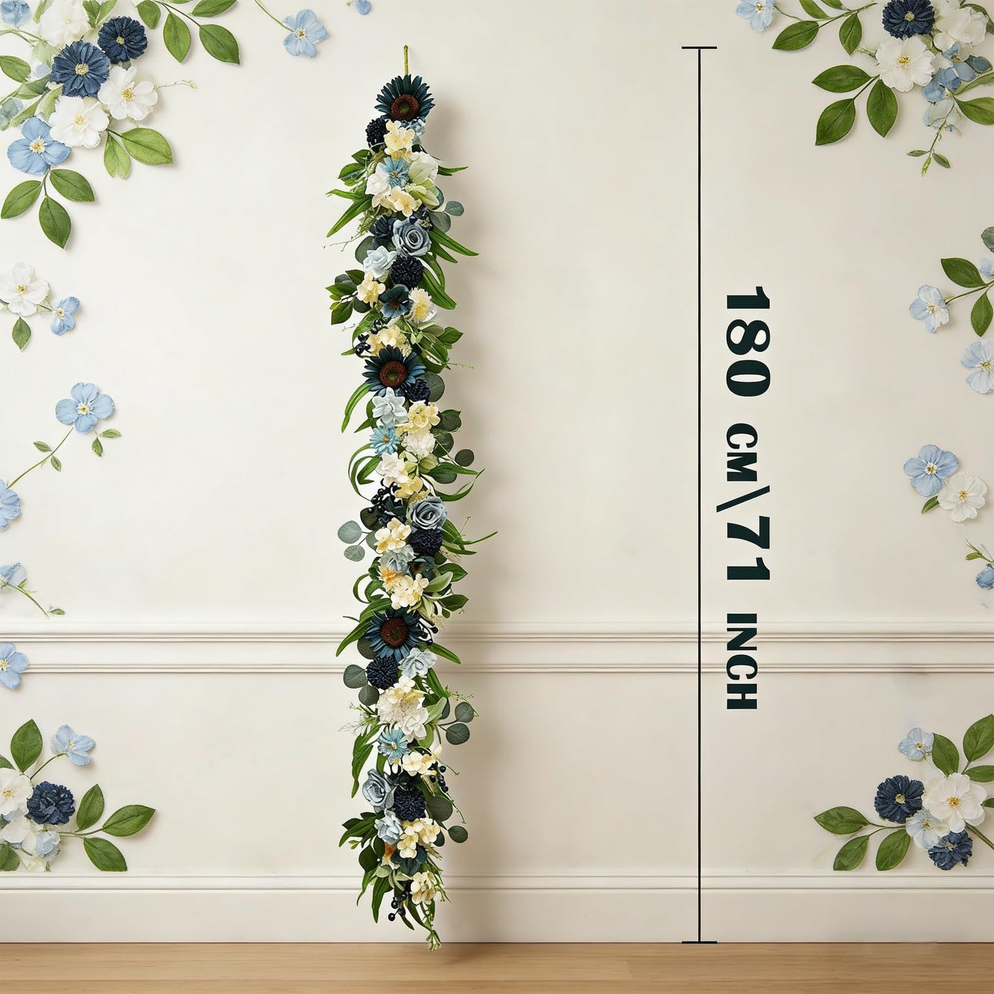 Idyllic 6 Ft Blue Rose Vine Garland - Artificial Spring Floral Garland for Wall Decor, Window, Mantle, Wedding, Home Decor - Faux Long Hanging Vine with Leaves