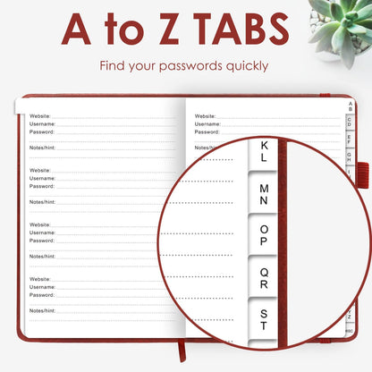 Elegant Password Book with Alphabetical Tabs - Hardcover Password Book for Internet Website Address Login - 7" x 10" Password Keeper and Organizer w/Notes Section & Back Pocket (Wine Red)