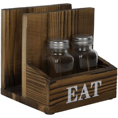 Napkin Holder with Salt and Pepper Shakers Holder for Home Kitchen Table Centerpiece and Commercial Decor, Rustic Solid Burnt Wood & Bold White Printed EAT Design