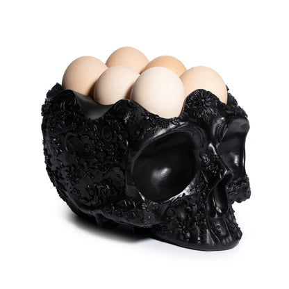 Skull Egg Holder Container Bowl 6" H Half Dozen Decorative Skeleton Egg Keeper Storage Display Organizer Tray, Gothic Kitchen Countertop Breakfast Serving Dish, Spooky Halloween Home Decor Gift Items