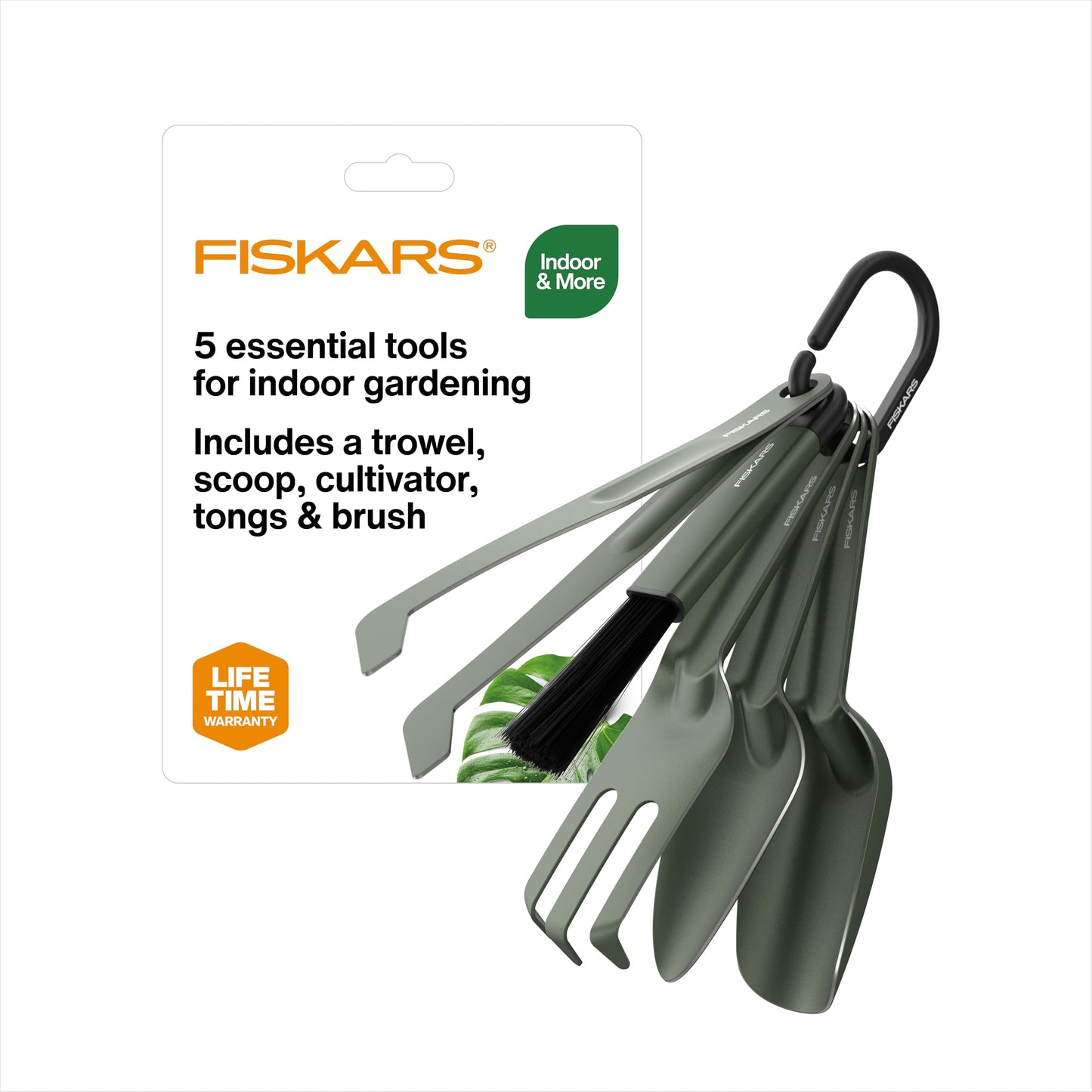 Fiskars 5-Piece Plant Cultivating Tool Set, Nesting Trowel, Soil Scoop, Cultivator, Tongs & Brush for Indoor Gardening, Stainless Steel w/Green Powder Coat Finish, Space Saving Design for Houseplants