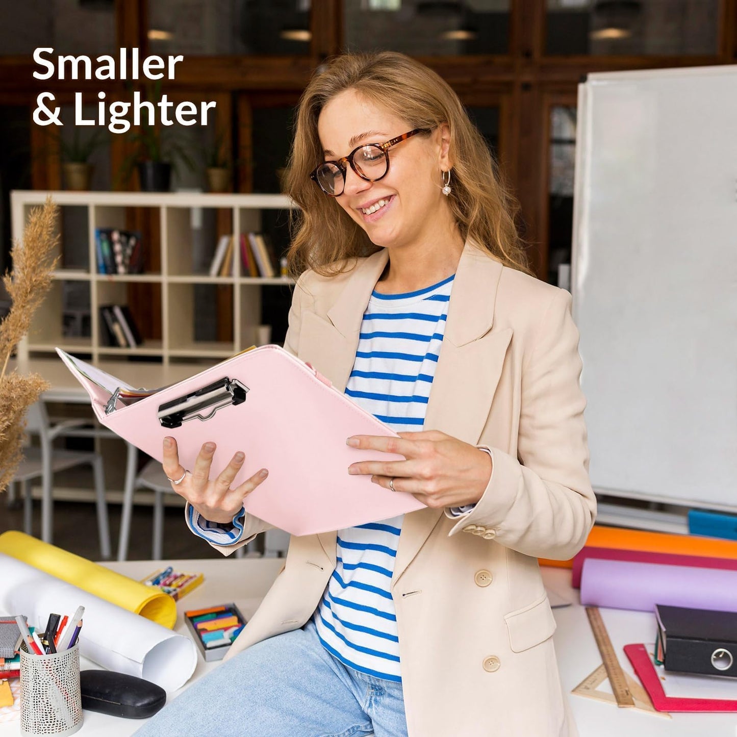 SKYDUE 3 Ring Binder with Clipboard, 13.2" × 10.2" Faux Leather 1 Inch Binder Organizer with 5 Pocket Dividers, Notepad, Labels & 2 Storage Pockets for Teachers, Students, Nurses & Office Work