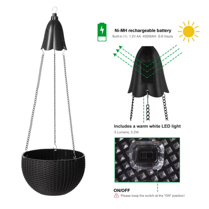 Glitzhome 30" H Plastic Hanging Planter with Solar Lights, Black Plant Basket Hanger with Chain for Outdoor Indoor Plants