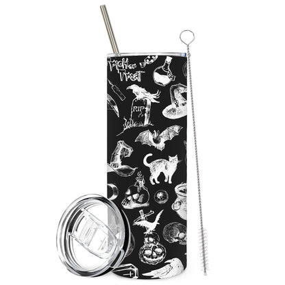Whaline Halloween Tumbler with Lid and Straw Black White Cat Crow Stainless Steel Cup Gothic Tumbler Cup for Travel Holiday Birthday Party Gift, 20 Oz