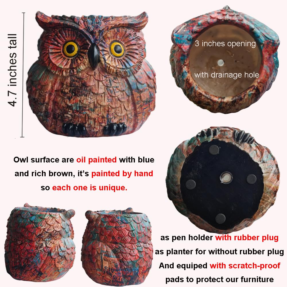 Owl Planter, Owl Plant Pot, Bird Figurine Flower Pots with Drainage for Succulent Cactus Small Herbs, Unique Makeup Brush Holder, Farmhouse Animal Statue for Home Office Decor, Garden Gifts for Women