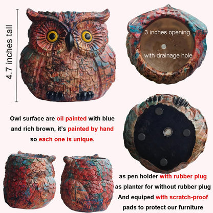 Owl Planter, Owl Plant Pot, Bird Figurine Flower Pots with Drainage for Succulent Cactus Small Herbs, Unique Makeup Brush Holder, Farmhouse Animal Statue for Home Office Decor, Garden Gifts for Women