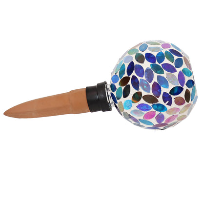 Sunnydaze Mosaic Glass Plant Watering Globe with Clay Spike - Decorative Self-Watering Planter Insert - Water Dripper for Plants - 9.5" - Spring Petals