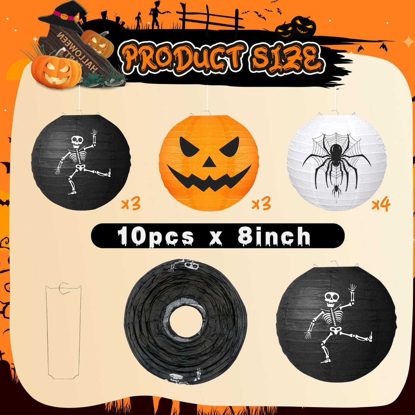 KAXIXI Halloween Party Decorations - 10pcs Halloween Spooky Spider Skeleton Pumpkin Printed Hanging Paper Lanterns for Halloween Decorations Birthday Yard Garden Decor Outdoor Indoor