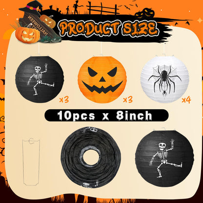 KAXIXI Halloween Party Decorations - 10pcs Halloween Spooky Spider Skeleton Pumpkin Printed Hanging Paper Lanterns for Halloween Decorations Birthday Yard Garden Decor Outdoor Indoor