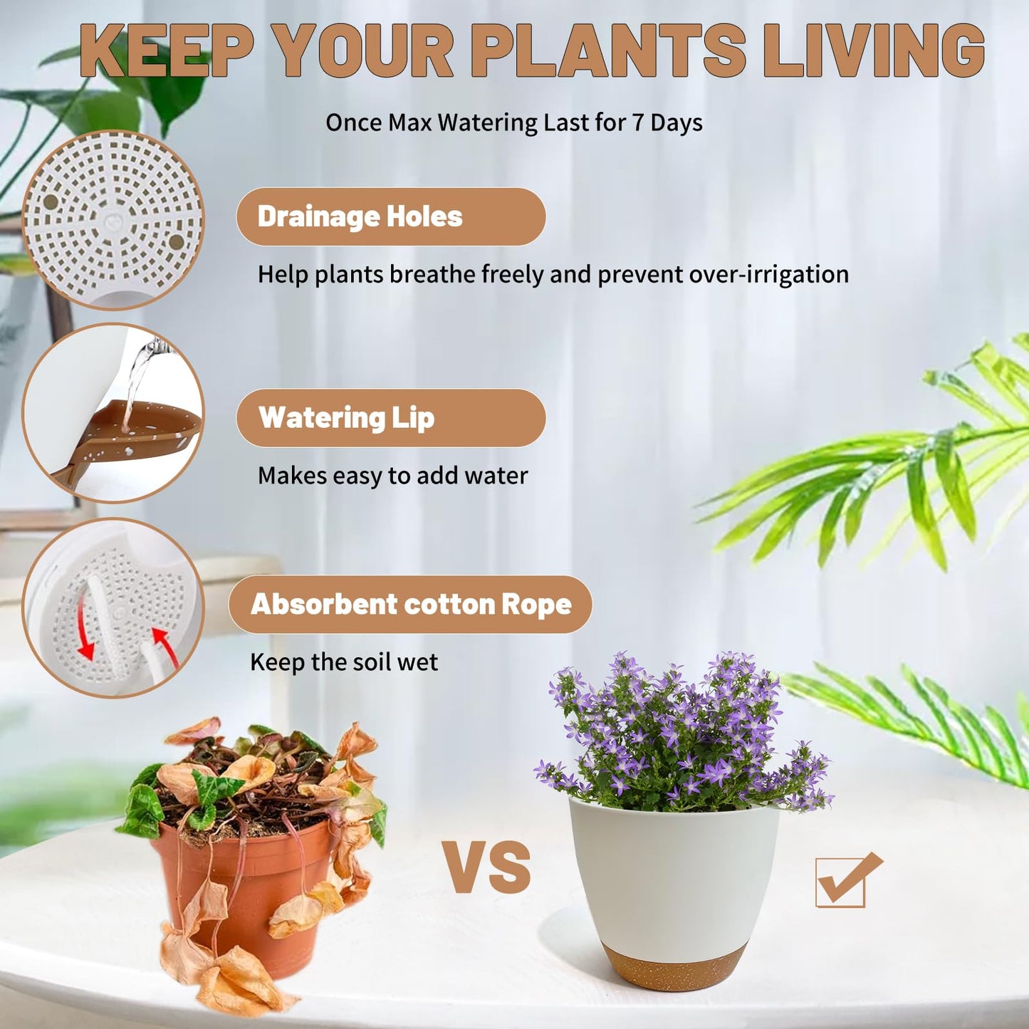 LIFFY Plant Pots, 8,7.5,7,6.5,6,5.5,5 Inch Plastic Self Watering Planters with Drainage Holes & Saucers, 7-Pack White Nursery Planting Pot with Deep Reservoir for Indoor Outdoor Plants