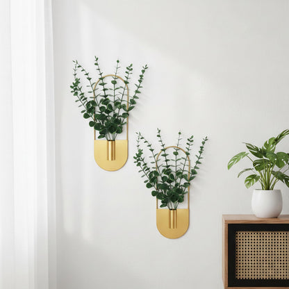 Nacidooka 2 Pcs Boho Wall Decor Hanging Planters with Artificial Eucalyptus Wall Plant Holder for Indoor Plants, Metal Hanging Vase Modern Art for Home Bathroom Living Room Hallway Office(Gold)