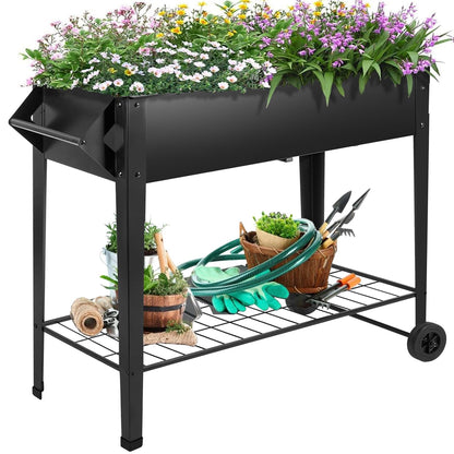 AURORAKI 32" Rolling Raised Garden Bed with Wheels, Heavy Duty Metal Elevated Planter Box, Outdoor Flower Cart Plant Stand, Raised Planter with Storage Shelf for Patio Balcony Backyard Growing