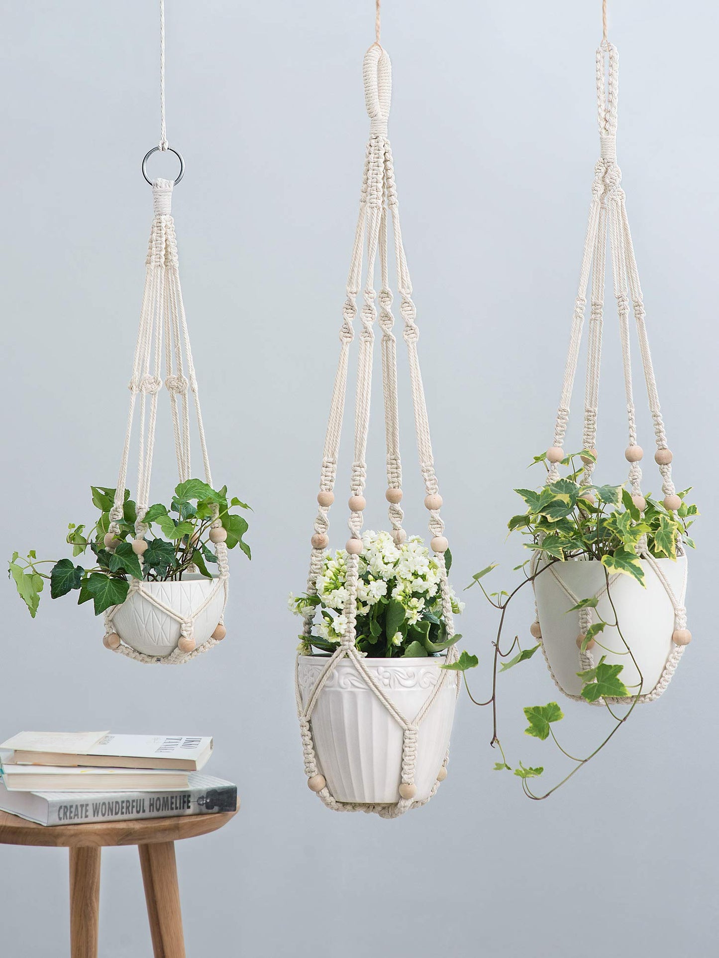 Mkono 3 Pack Macrame Plant Hangers and Ceiling Hooks, Different Size Hanging Planter Basket Flower Pot Holder with Beads，Medium, Ivory