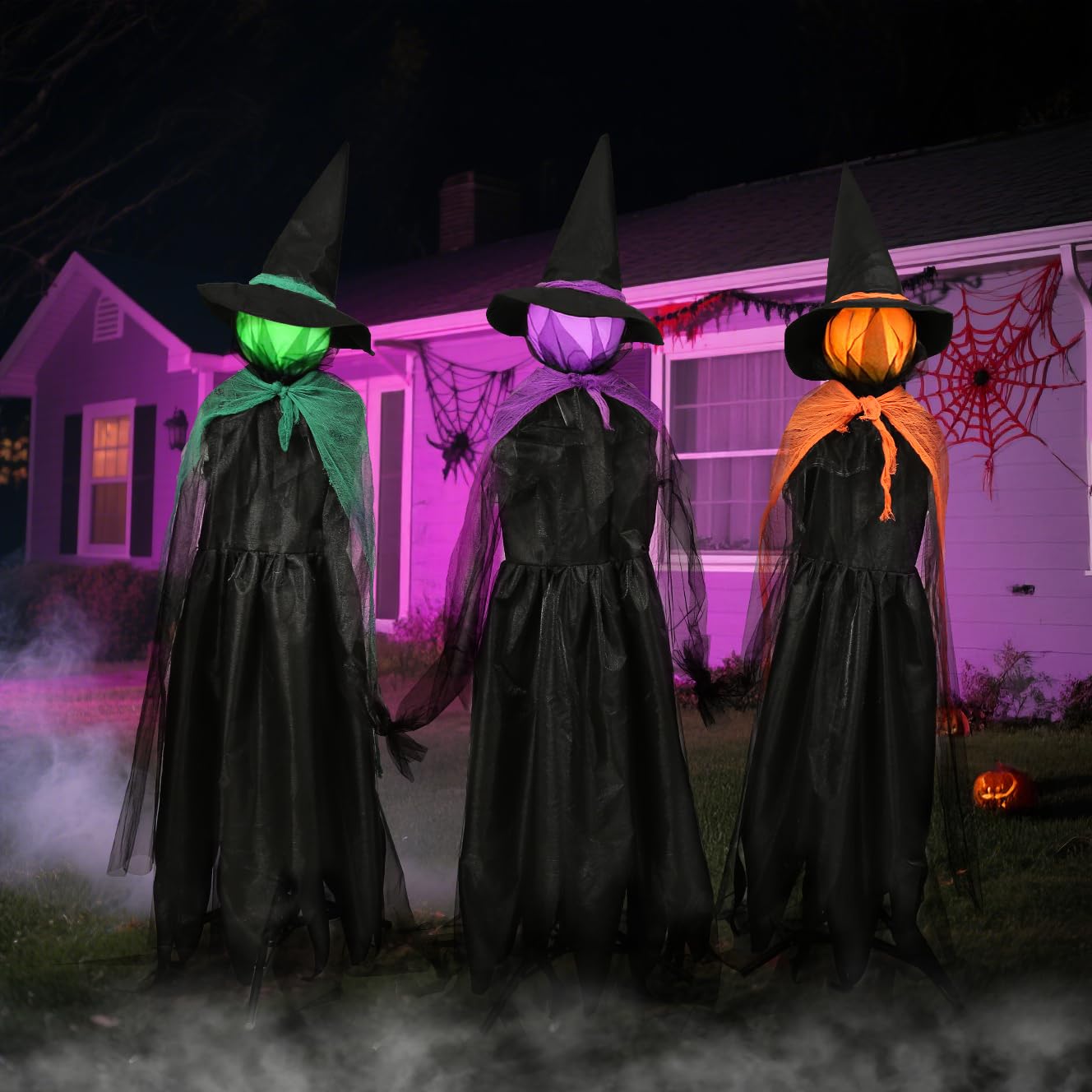 56In LED Set of 3 Black Witches with Stakes Light Up Witches Holding Hands Garden Decor Scary Halloween Decorations Outdoor Yard