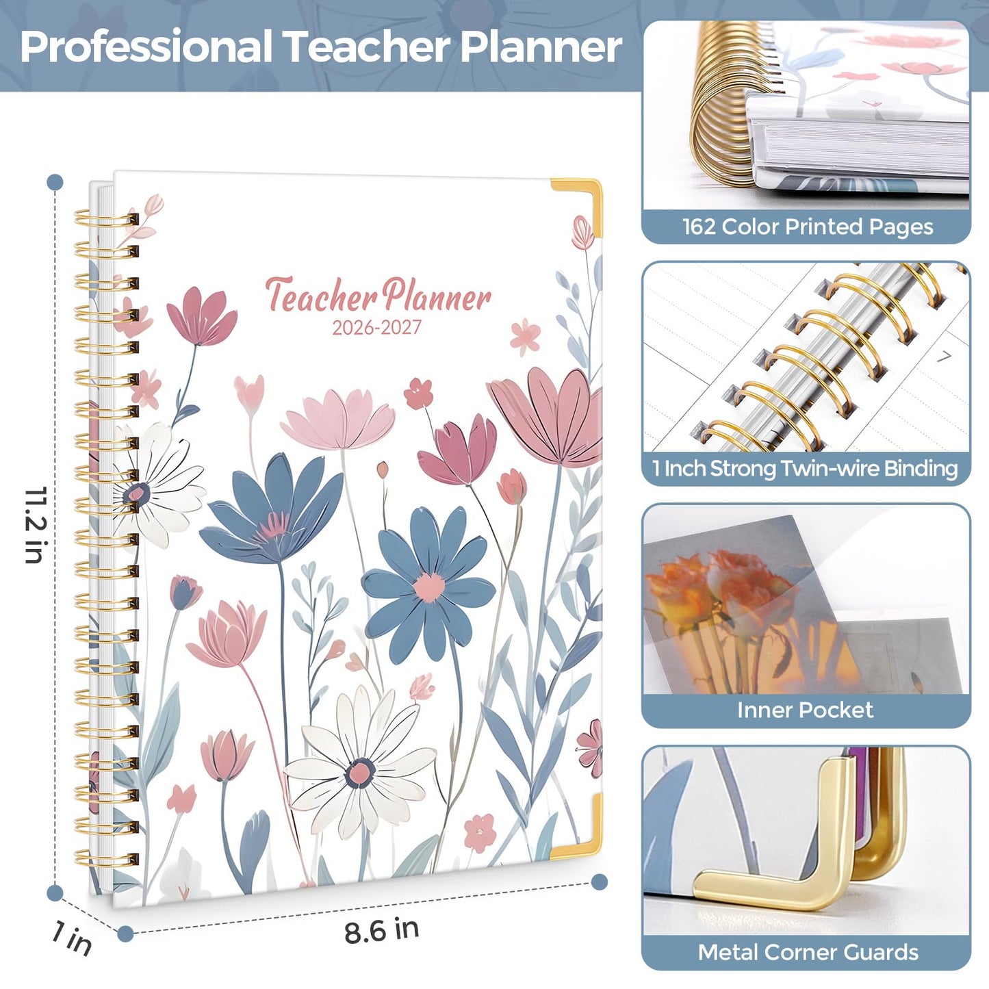 SKYDUE Teacher Planner 2026-2027 Academic Year, 8.5" x 11" Deluxe Teacher Lesson Planner with Monthly Tabs & Stickers, Lesson Plan Book 26-27, FloralB