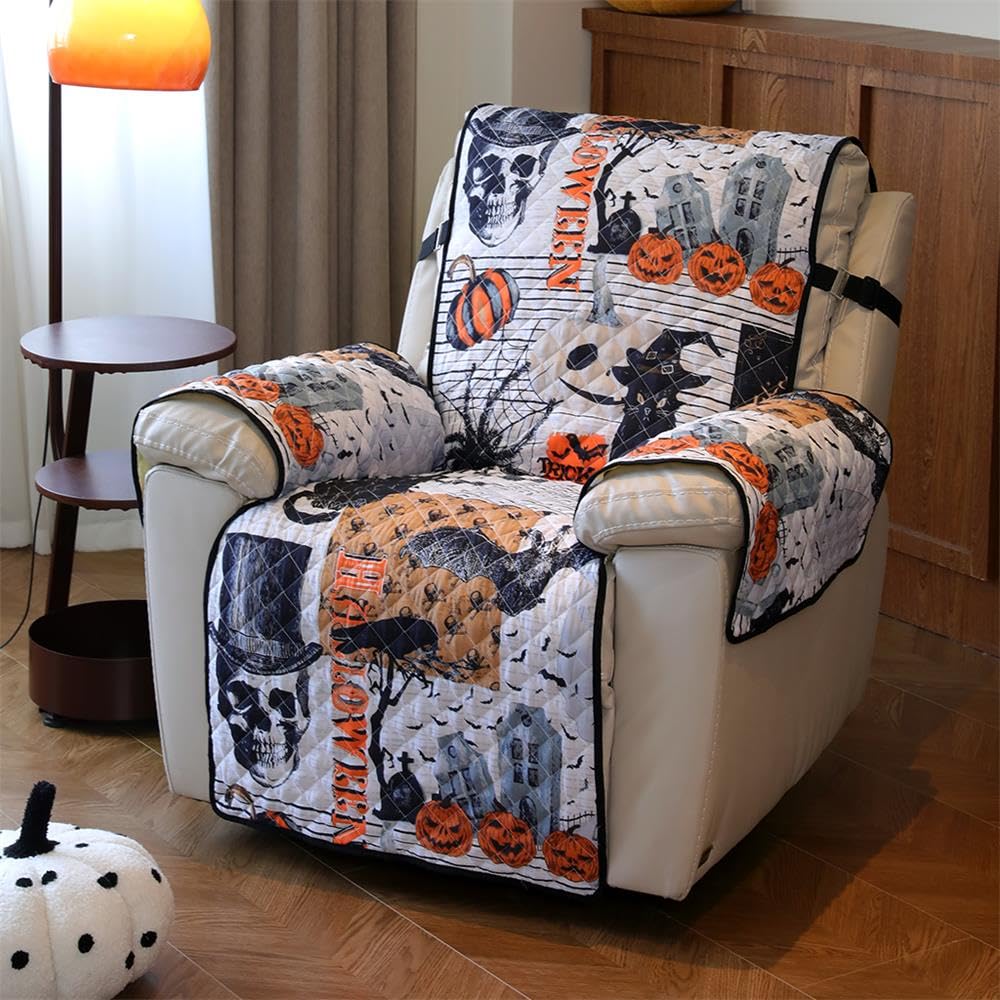 Cmfshape Halloween Skidproof Sofa Cover-Festival Sofa Slipcover with Elastic Straps-Easy Fit Slip Cover-Patchwork Washable Furniture Protector for Pets and Kids(Recliner,Black&Orange)