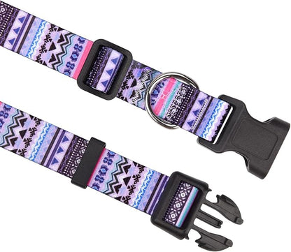 MarukoPet Dog Collar and Leash Set, Adjustable for Small Medium Large Dogs Puppy, Cute Design with Bohemia Floral Tribal Geometric Patterns Boys Girls Dog Collar(Purple Bohemia Set,L)