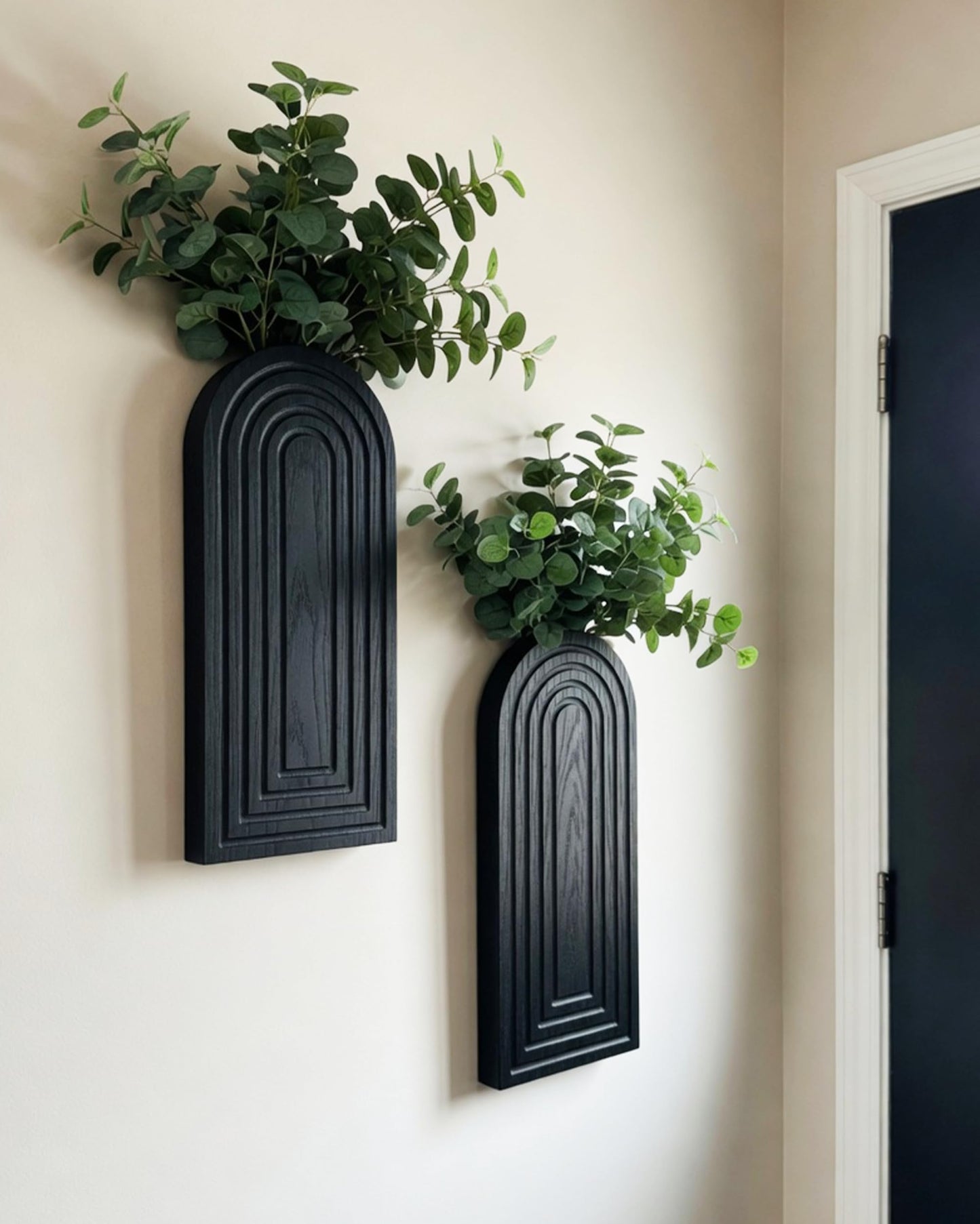 2 Pack Wooden Wall Vase Set - Boho & Modern Farmhouse Wall Decor, Hanging Planter for Indoor Plants & Flowers, Wood Mounted Art for Living Room, Bathroom, Hallway, Home Decor (Black, Medium)