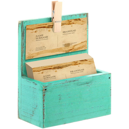 Wonderjune Wood Business Card Holder Vintage Wooden Open Card Stand Farmhouse Desktop Business Organizer Display Stand with Clip for Office Home Counters Tabletop Desk(Green)