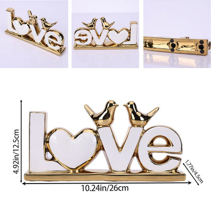 DOVDOV White and Gold Ceramic Love Sign Sculpture with Heart and Bird Statues, Modern Home Decor Accents for Living Room Coffee Table, TV Stand, Entryway and Shelf, Wedding or Housewarming Gift