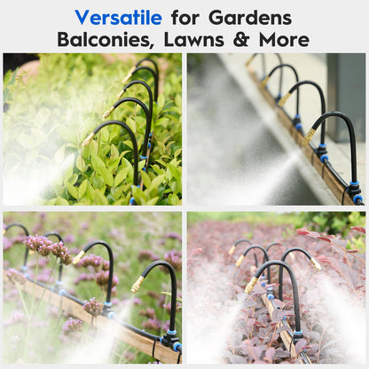 360° Automatic Drip Irrigation Kit - 5/16'' Tubing, Adjustable Universal Spray Nozzle, Copper Atomizing System for Garden/Lawn/Greenhouse - Multi-Directional Rotation, Quick Connectors, 65FT