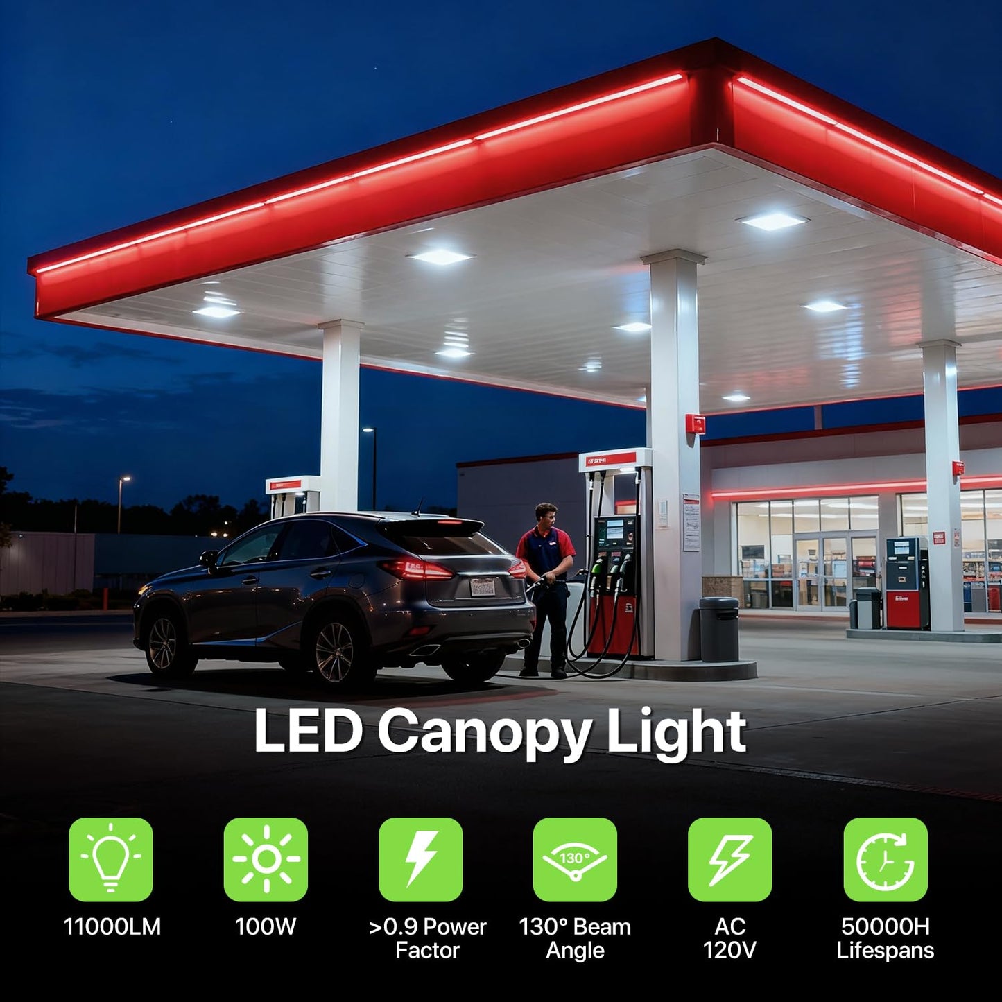 Glitgate LED Canopy Lights 4Pack - 100W/80W/60W 3-Wattage Adjustable, 5000/4000K/3000K 3-CCT Selectable Commercial Outdoor Canopy Light, IP65 Waterproof Ceiling Light Fixture for Warehouse