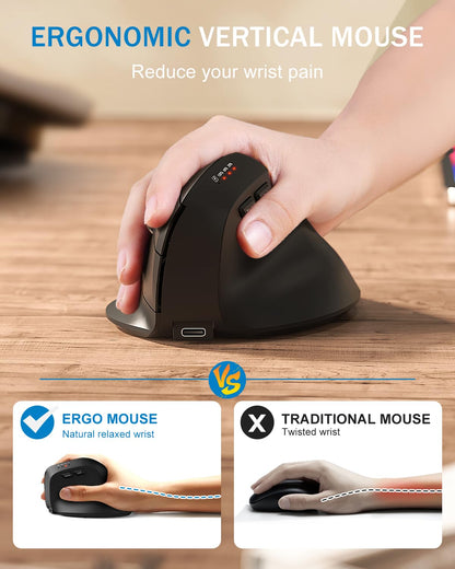 Bluetooth and 2.4GHz Ergonomic Mice, 2 in 1 Wireless Mouse with 3 DPI Levels, Rechargeable Computer Mouse with USB Receiver and Type C Adapter for Laptop, Desktop, Windows, Mac OS, Black