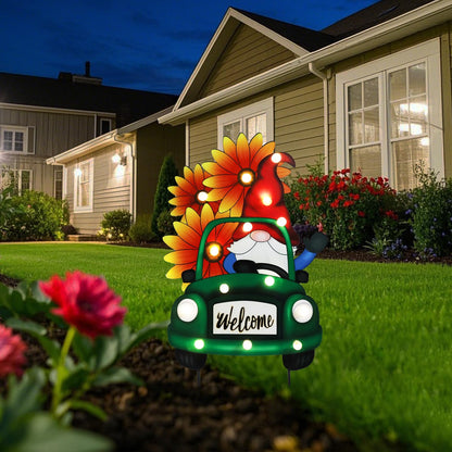WONDER GARDEN Sunflower Yard Sign Decoration, 22.4" Metal Gnome Truck with LED Lighted, Outdoor Summer Garden Welcome Sign Stake, Outdoor Spring Truck Yard Decoration, Gift for Mom
