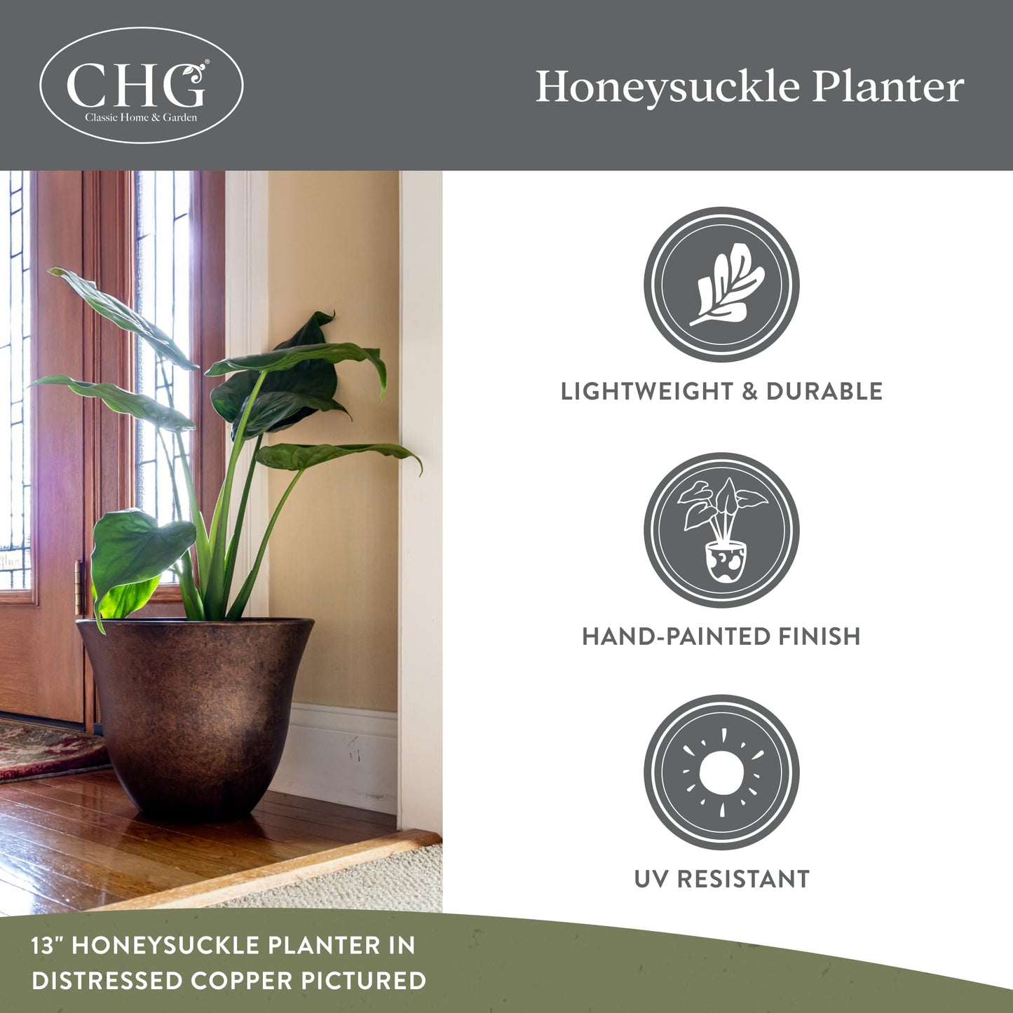 Classic Home and Garden by Growscape Honeysuckle Resin Planters - Lightweight Indoor & Outdoor Plant Pots - UV-Resistant Plastic Flower Pots - Pot Planters for Flowers & Herbs (13" Tequila Sunrise)
