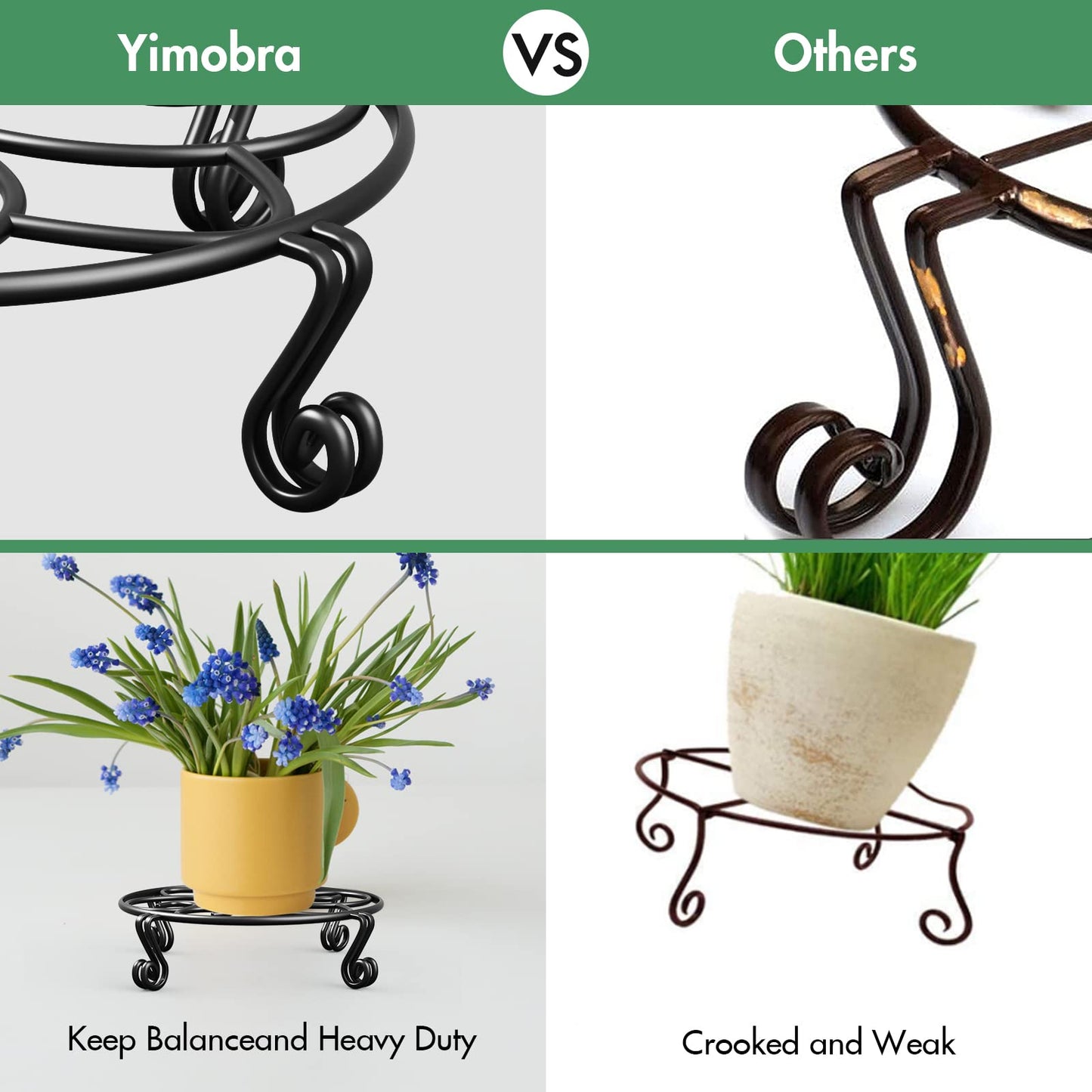Yimobra 2 Pack Plant Stand for Flower Pot Heavy Duty Potted Holder Indoor Outdoor Metal Rustproof Iron Garden Container Round Supports Rack for Planter (10.2 Inches, Black)