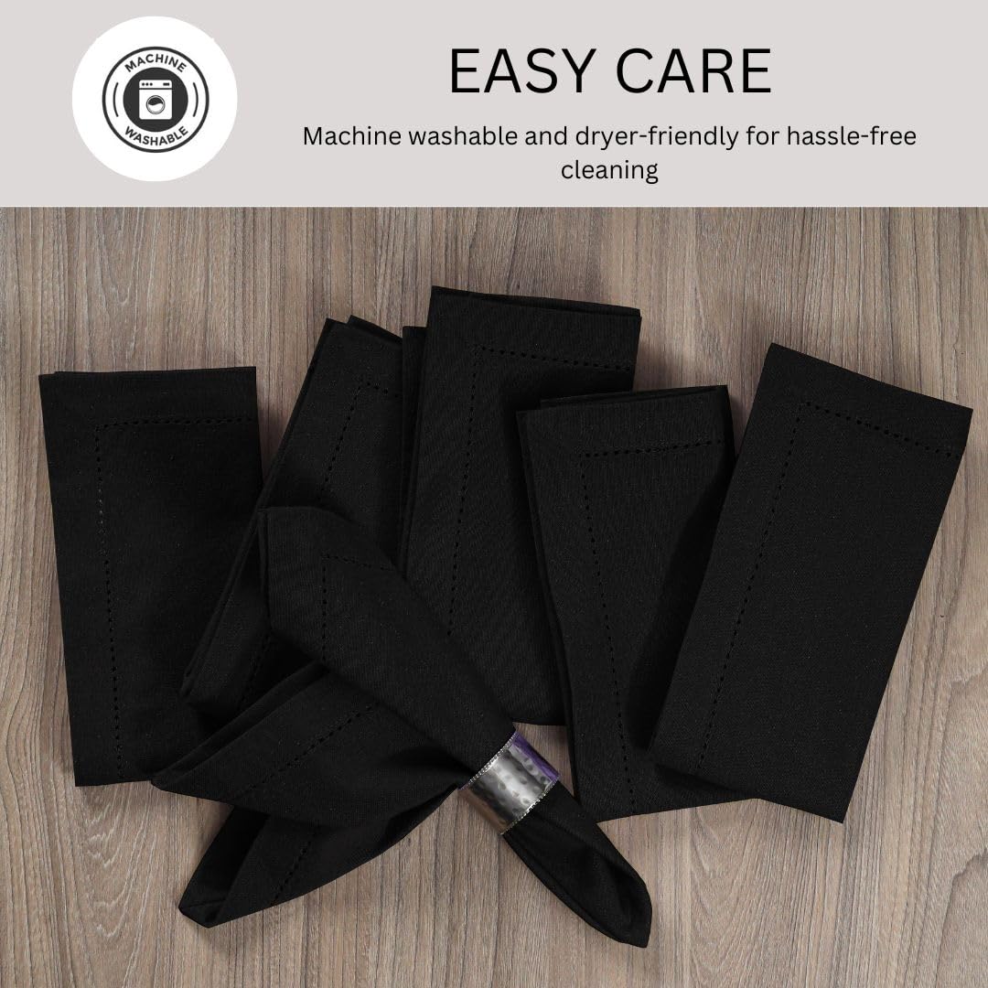 DineNest Hemstitch Cloth Dinner Napkins 100% Cotton Set of 6 - for Dining Special Occasions Weddings Parties Holidays Easter - Soft Durable Reusable - 18x18 Inch Table Cloth Napkins Black