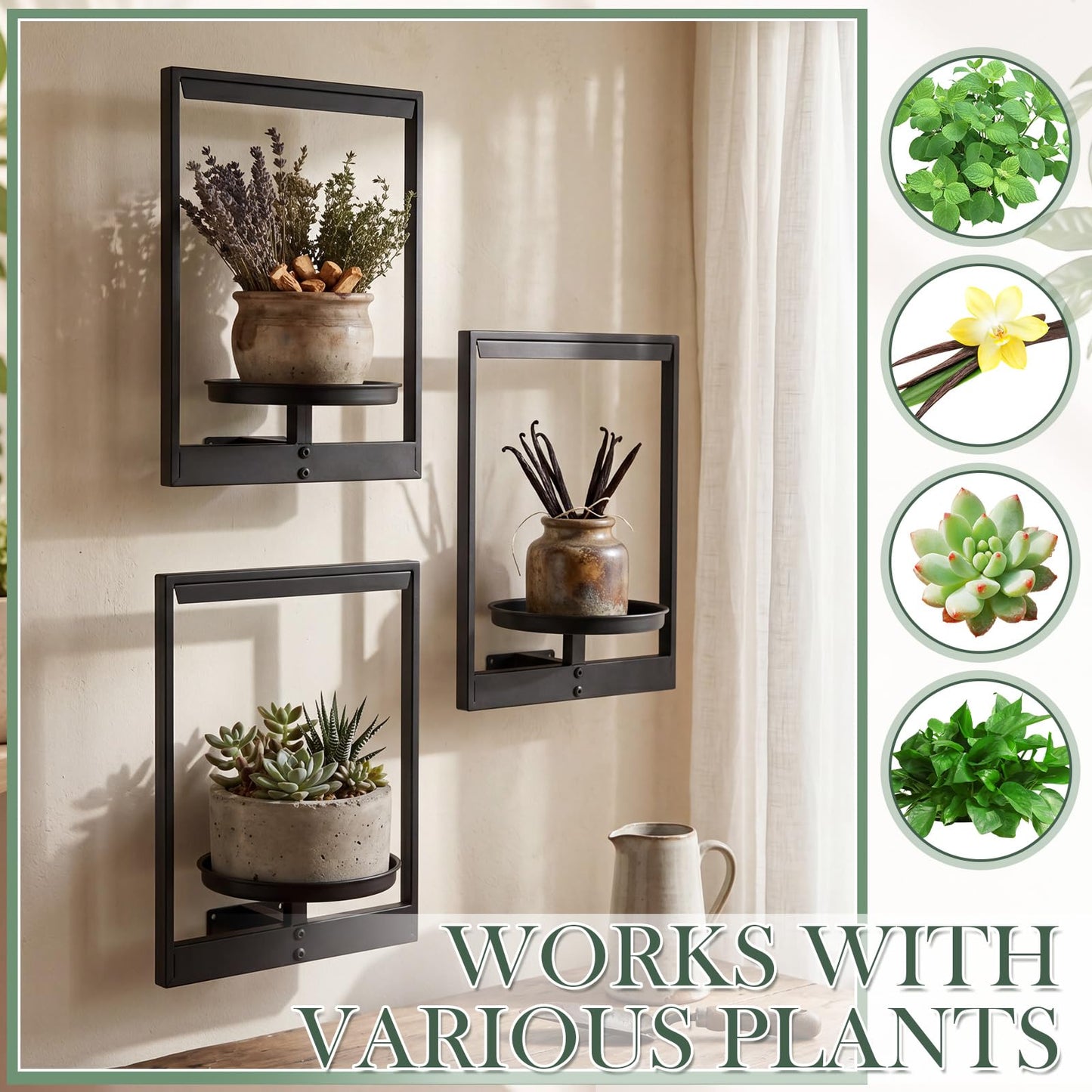 Yiyiring 3 Pack Wall Plant Holders with Remote Grow Lights, Indoor Plants Holders, Plants Shelves Hanging Planters, Wall Mounted Framed Plant Holder for Indoor Living Room Decor
