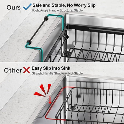 iSPECLE Expandable Dish Drying Rack with Silicone Mat for Kitchen Sink or Counter, Heavy Duty Adjustable Over Sink Dish Drainer with Square Corners, Fit for Modern Single & Double Sinks, Black