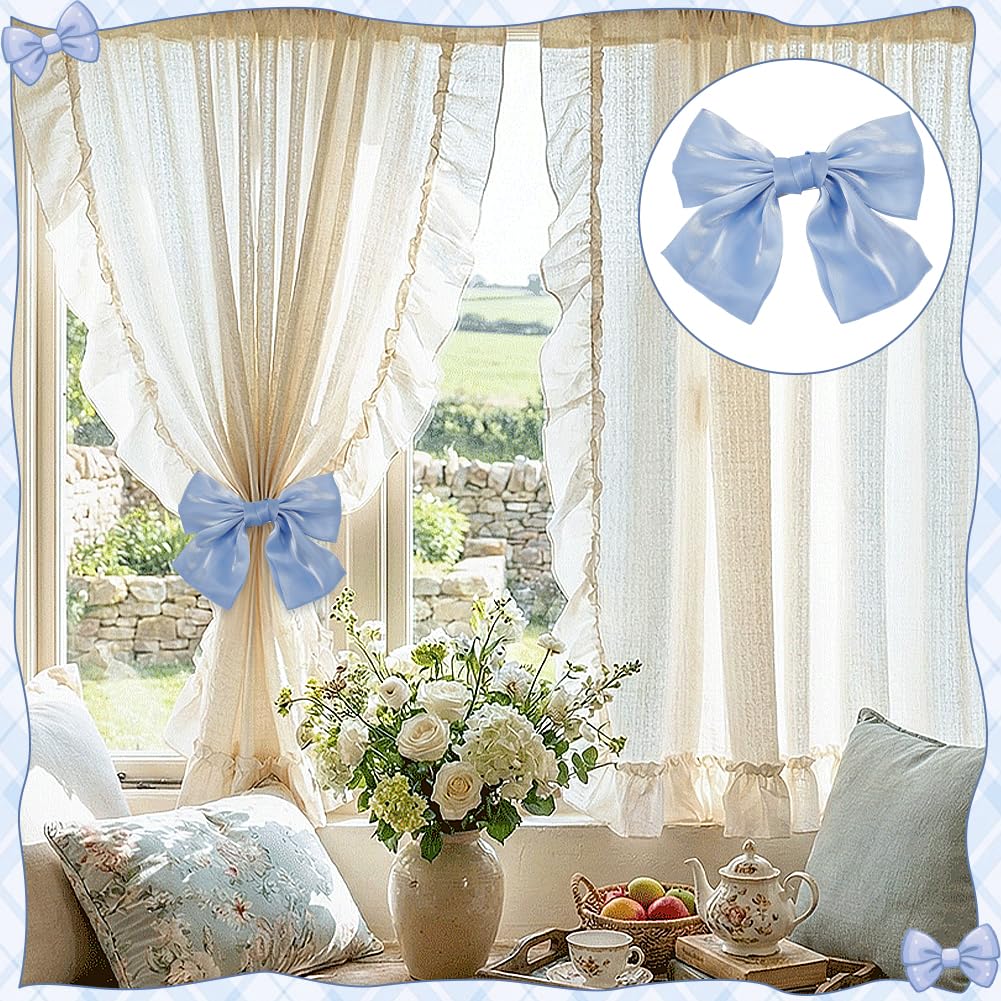 EVERJOYCRAFT 2pcs Bow Curtain Tiebacks Clip French Silky Curtain Holdbacks Elegant Lace Ribbon Tie Backs Drapery Clip for Home Bedroom Offices Dining Rooms Wedding Party Decoration (Blue)