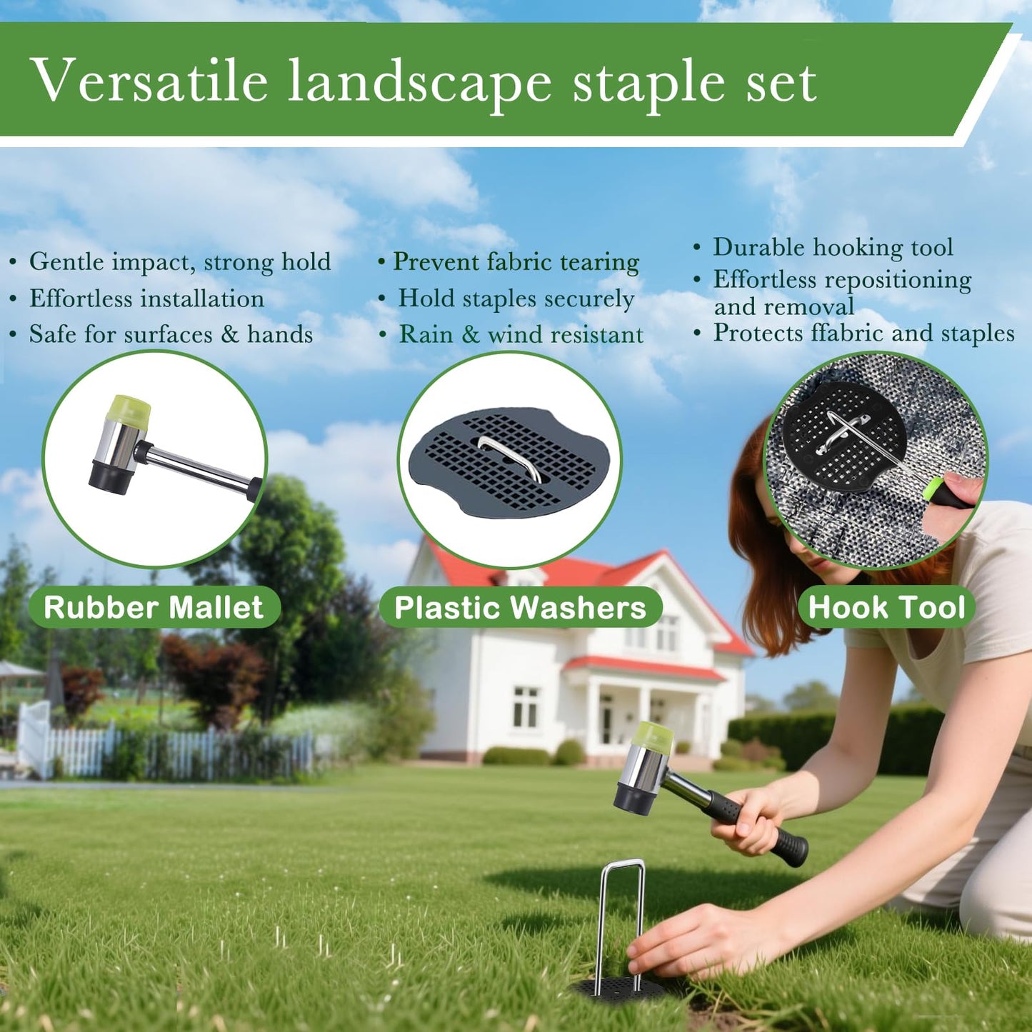 YACOO 6 Inch Landscape Staples Set, 11 Gauge Galvanized U-Shaped Garden Stakes (100 Pack) with Gaskets, Hook Tool & Rubber Mallet for Weed Fabric & Landscaping