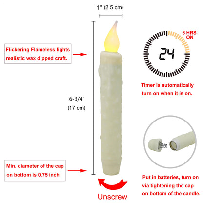 CVHOMEDECO. Real Wax Hand Dipped Battery Operated LED Timer Taper Candles Country Primitive Flameless Lights Décor, 6-3/4 Inch, Ivory, 3 PCS in a Package
