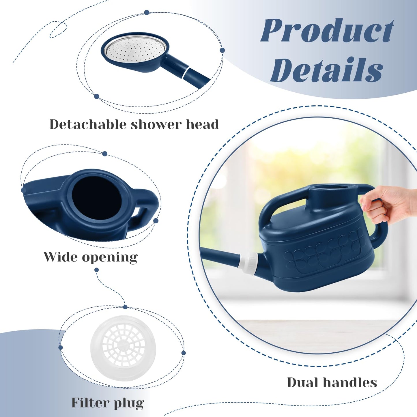 1 Gallon Watering Can, Garden Watering Can Outdoor, Plant Water Can with Removable Long Spout and Stainless Steel Sprinkler Head, Plastic Indoor Watering Cans for Gardening Flower Plants