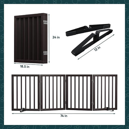 Freestanding Bamboo Wood Dog Gate Indoor, 4-Panel Pet Gates with 2 Stands and 360° Hinge for Doorways and Stairs, Puppy Gate for The House, Fully Assembled Safety Fence 74" W x 24" H - Espresso