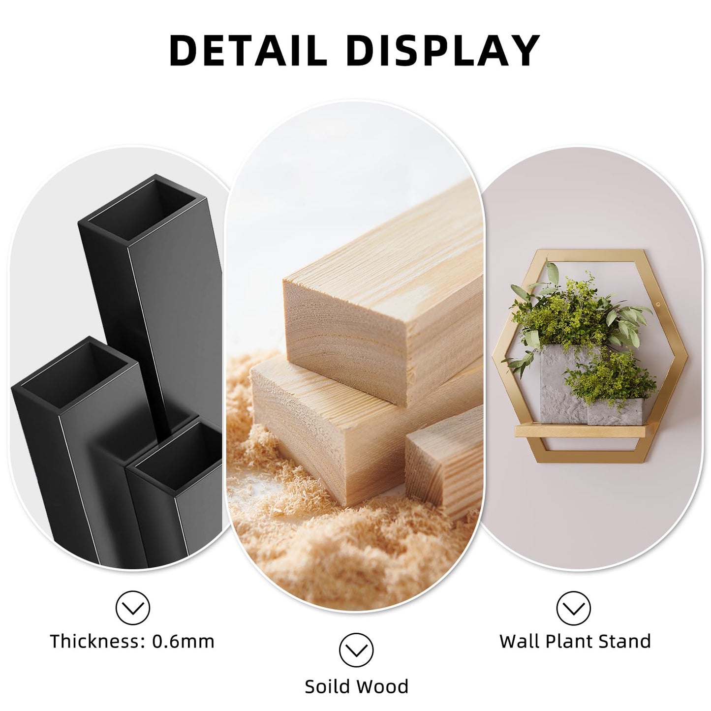 Rioneta 3 Pack Natural Wood & 25 LB Load Metal Wall Plant Holders, 9 inch Solid Wooden Shelf, Mid Century Hanging Planter for Indoor Plants Golden