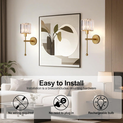SADOVC Modern Glass Crystal Wall Sconces Battery Operated Set of 2, Gold Rechargeable Wall Lights with Remote,Non Hardwired Clear Wall Lighting Fixture Brass for Bedroom Bathroom Living Room Porch