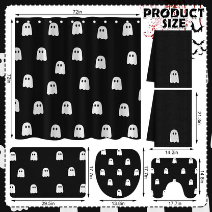 Maasechs 6 Pcs Halloween Ghost Shower Curtain Set 72" Ghost Bathroom Curtain with 12 Hooks Non Slip Rug Toilet Lid Cover Embroidered Towel U Shaped Rugs Non Slip Bath Mat for Halloween Home Decor