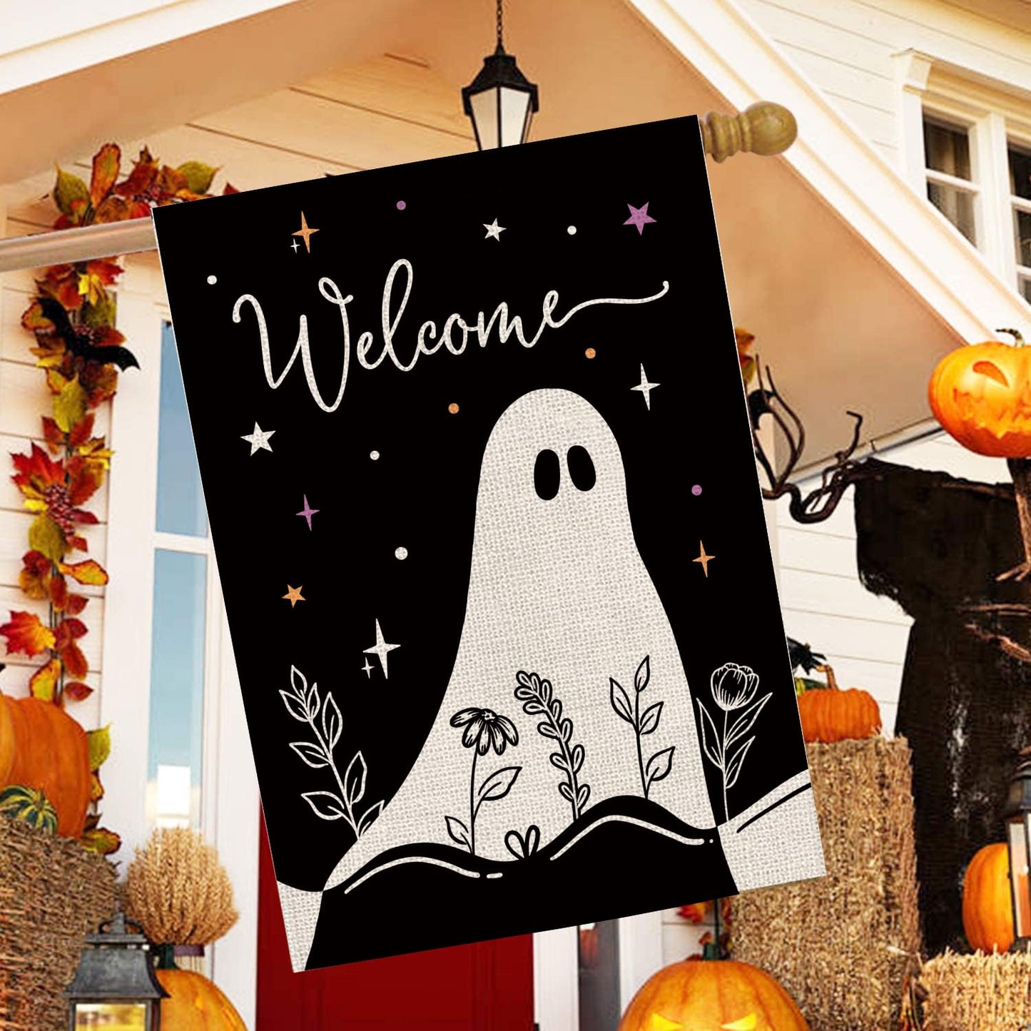 Halloween House Flag Ghost Black Burlap Double Sided 28x40 Inches Halloween Holiday Welcome Sign for Yard Lawn Home Outdoor Decor